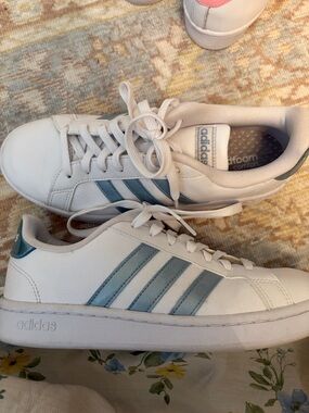 adidas White Sneakers with Light Blue Stripes